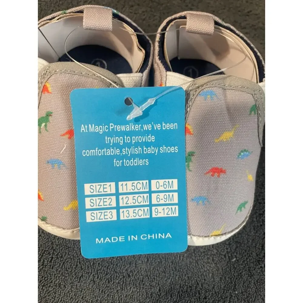 Baby Slip-On Shoes with Colorful Dinosaur Print - Gray soft sole